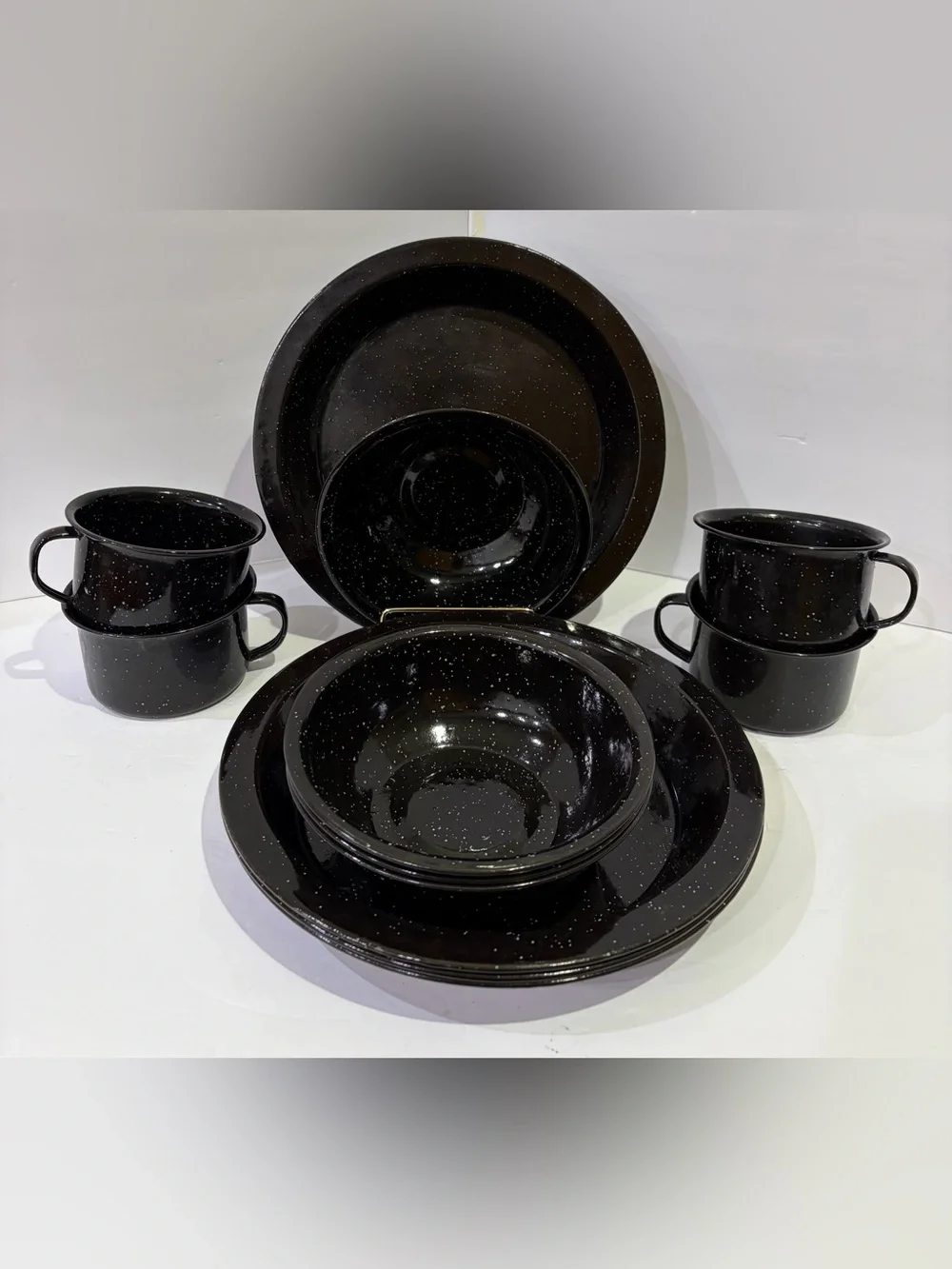 12 PC Black Speckled Enamel Camping Dinnerware